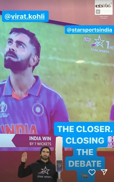 Ranveer Singh Instagram story for Virat Kohli 