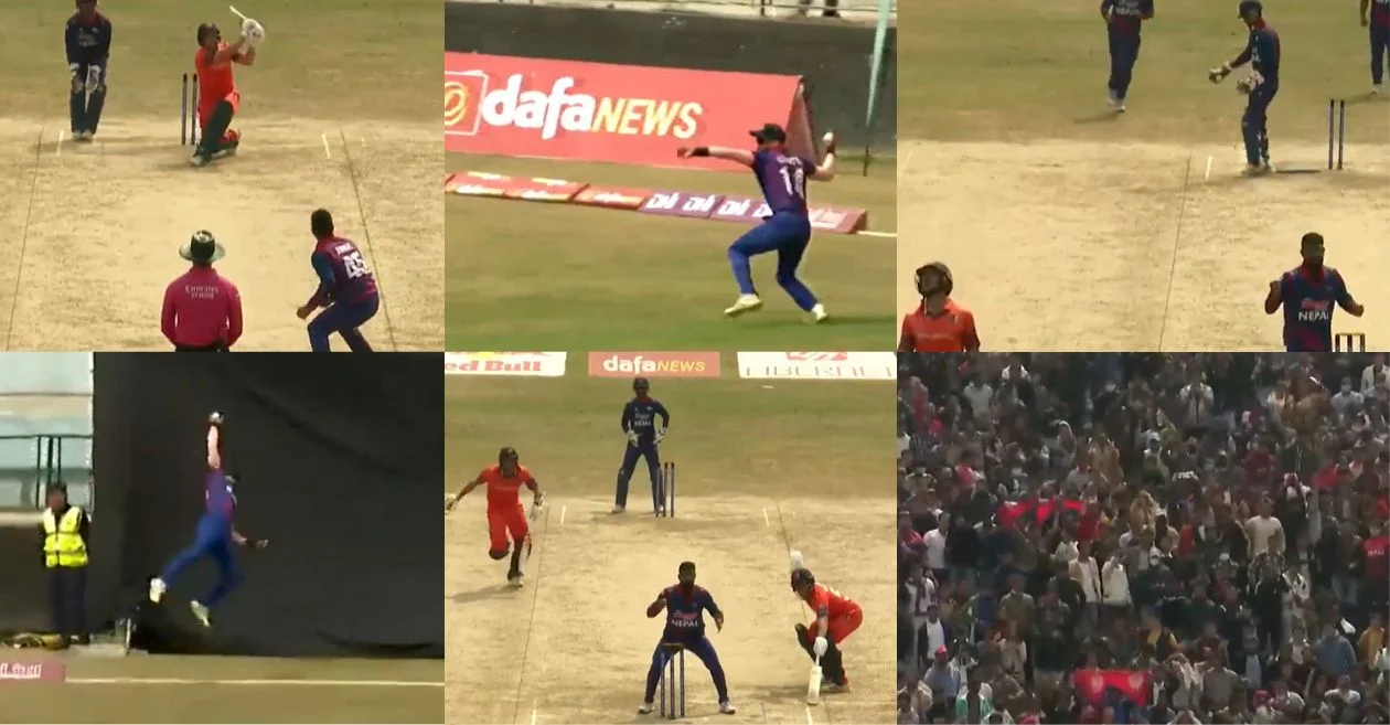 WATCH: Nepal’s Kushal Bhurtel turns a likely six into an extraordinary run-out in a shocking display of athleticism – NEP vs NED